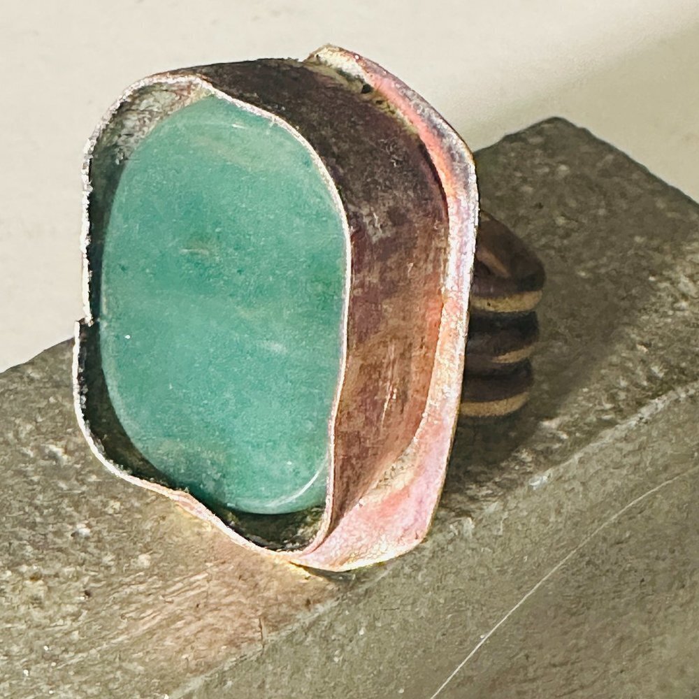Genuine Jade Brass Copper Ring Size 8.5 Handmade Brutalist OOAK Artisan Rustic